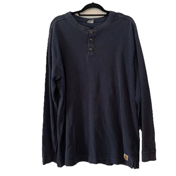 Carhartt Mens XL Thermal Henley Shirt Navy Blue Buttons Long Sleeve - Picture 1 of 5